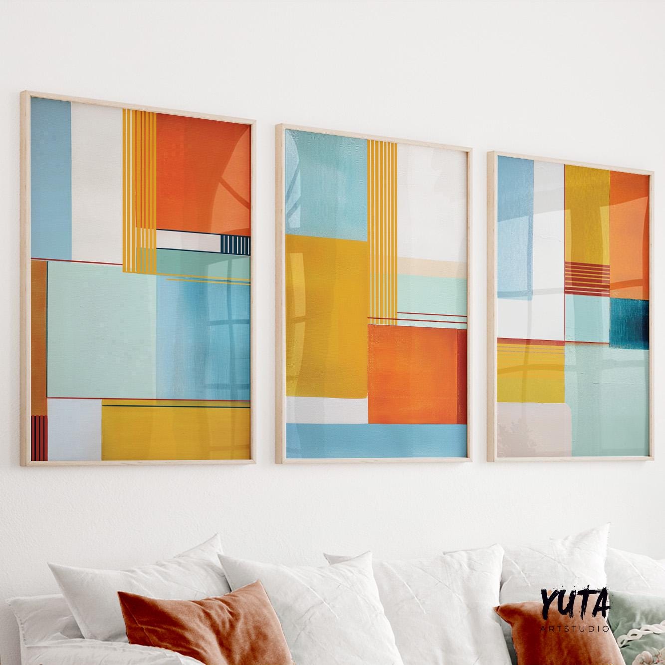 Colorful modern abstract painting featuring overlapping rectangles in warm and cool tones.