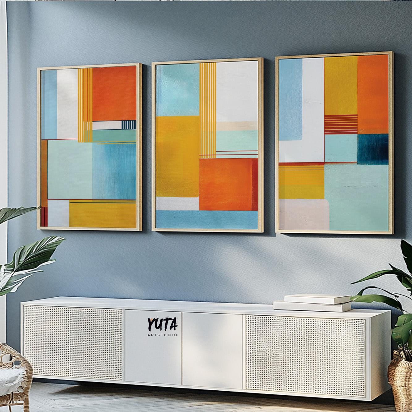 Color-block abstract painting with strong geometric structure and vibrant palette.