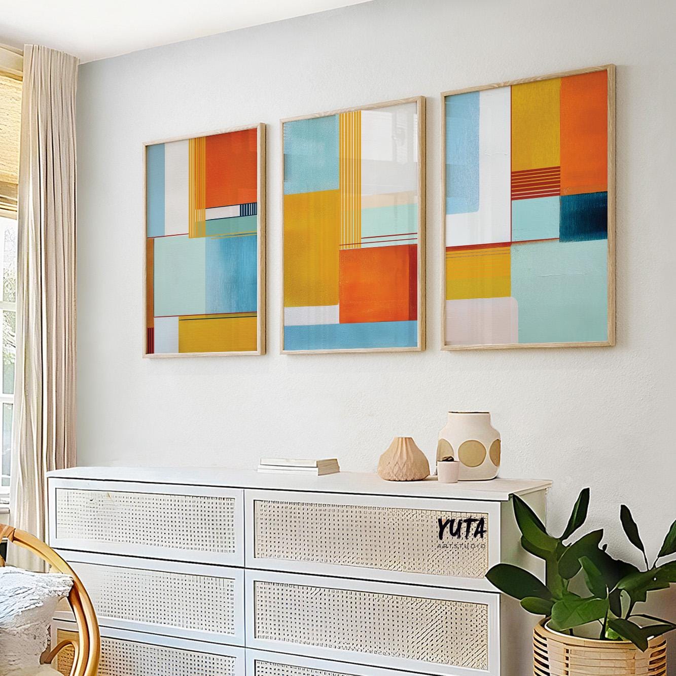 inimalist geometric artwork featuring layered translucent shapes in bright hues.