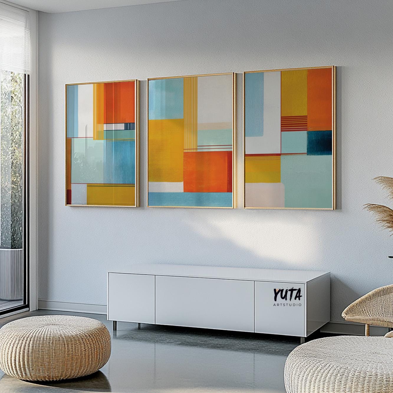 Bright geometric artwork using bold color blocks and vertical stripe details.