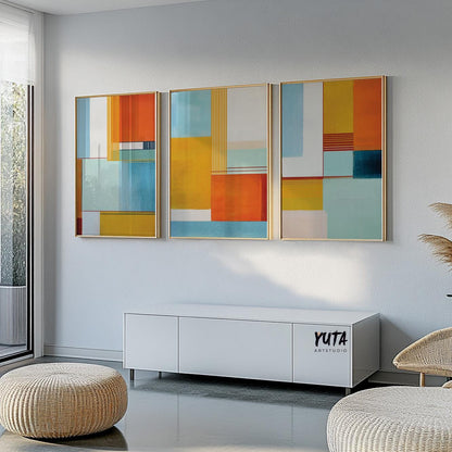 Bright geometric artwork using bold color blocks and vertical stripe details.