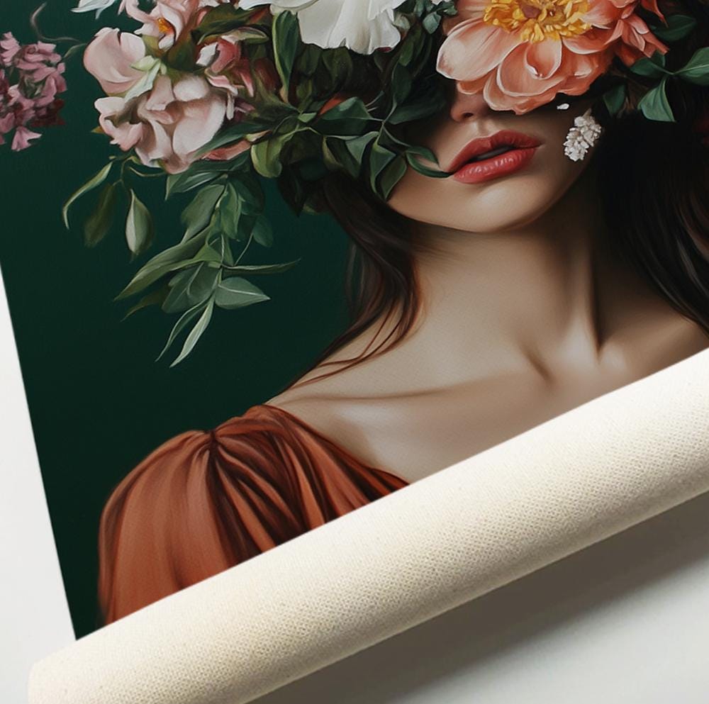 Emerald Green Woman with Flowers Oil Painting, Female Abstract People Art, Japandi Female Portrait, Feminine Wall Art, Modern Home Decor