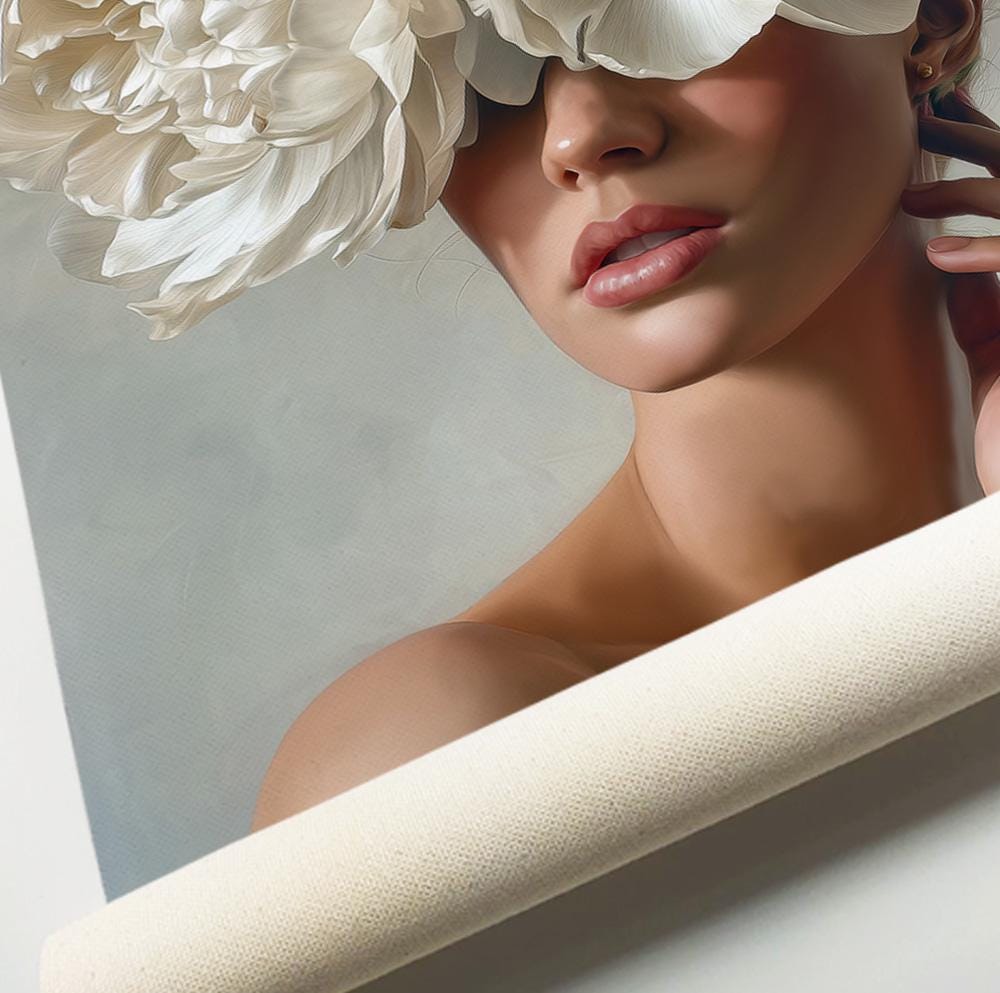 Modern Floral Portrait Wall Art Print, Woman with White Peonies, Neutral Feminine Artwork, Luxury Botanical Wall Decor, Fine Art Print