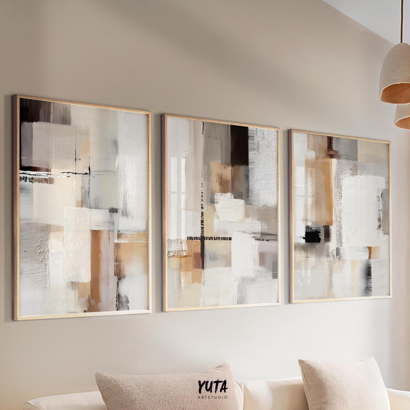 Soft modern abstract print featuring muted tones and textured paint layering.