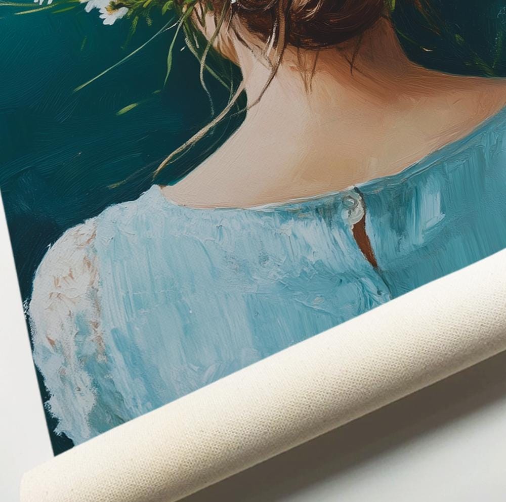 Vintage Woman With Daisies Print, Navy Blue Floral Female Portrait, Abstract People Figurative Art, Girl RoomDecor, Floral Eclectic Print