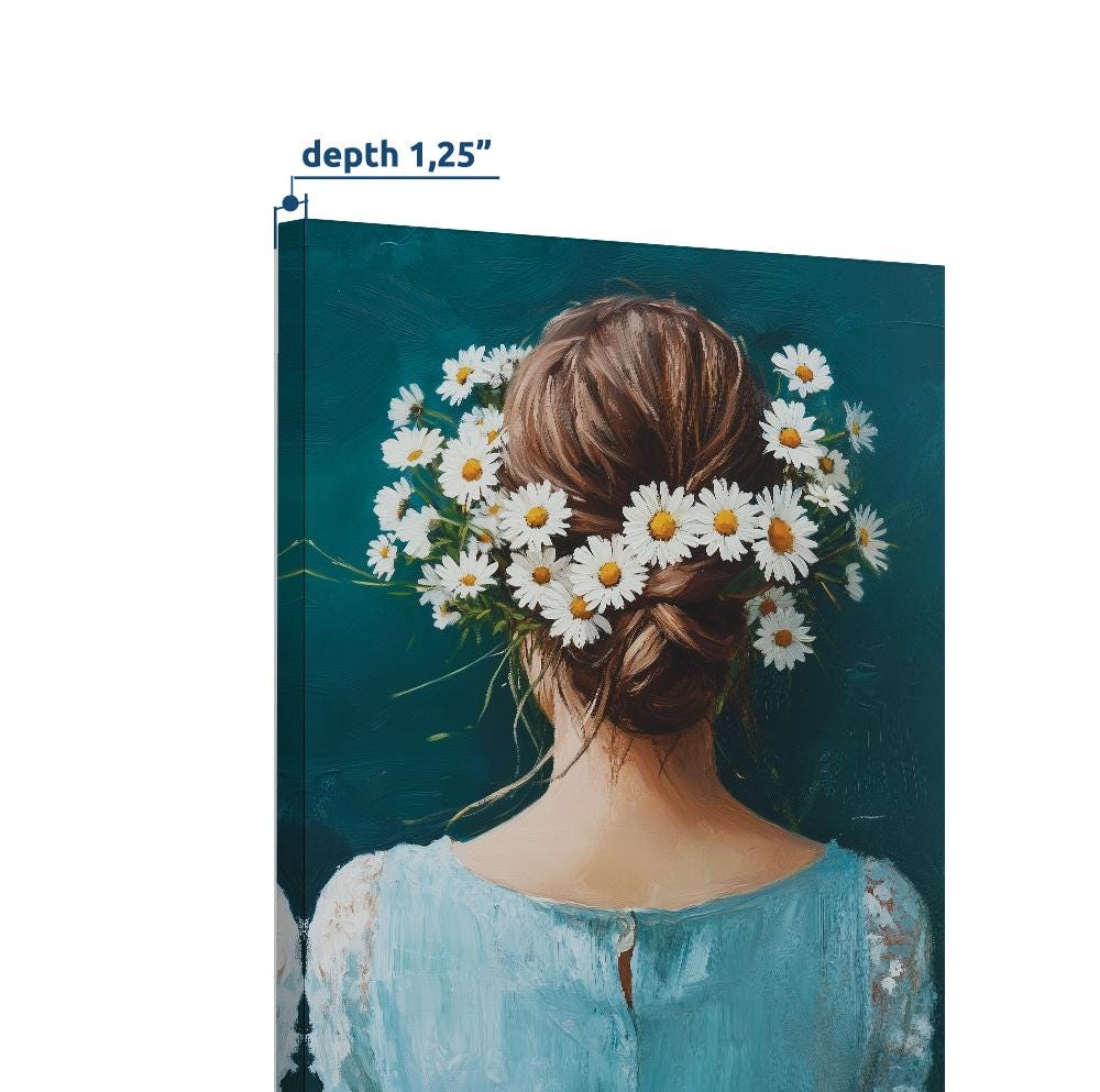 Vintage Woman With Daisies Print, Navy Blue Floral Female Portrait, Abstract People Figurative Art, Girl RoomDecor, Floral Eclectic Print