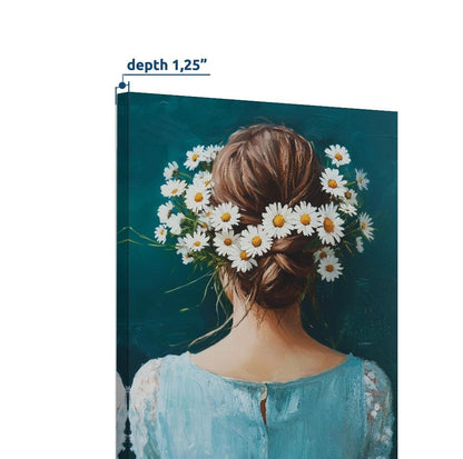Vintage Woman With Daisies Print, Navy Blue Floral Female Portrait, Abstract People Figurative Art, Girl RoomDecor, Floral Eclectic Print