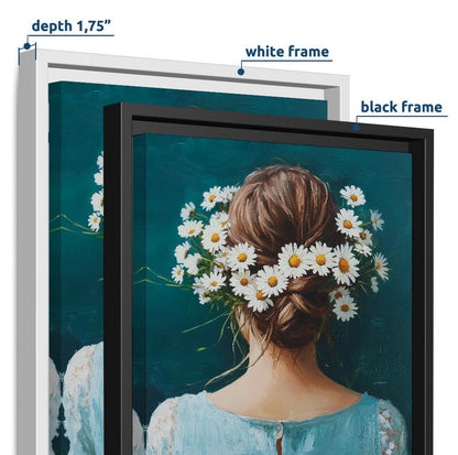 Vintage Woman With Daisies Print, Navy Blue Floral Female Portrait, Abstract People Figurative Art, Girl RoomDecor, Floral Eclectic Print