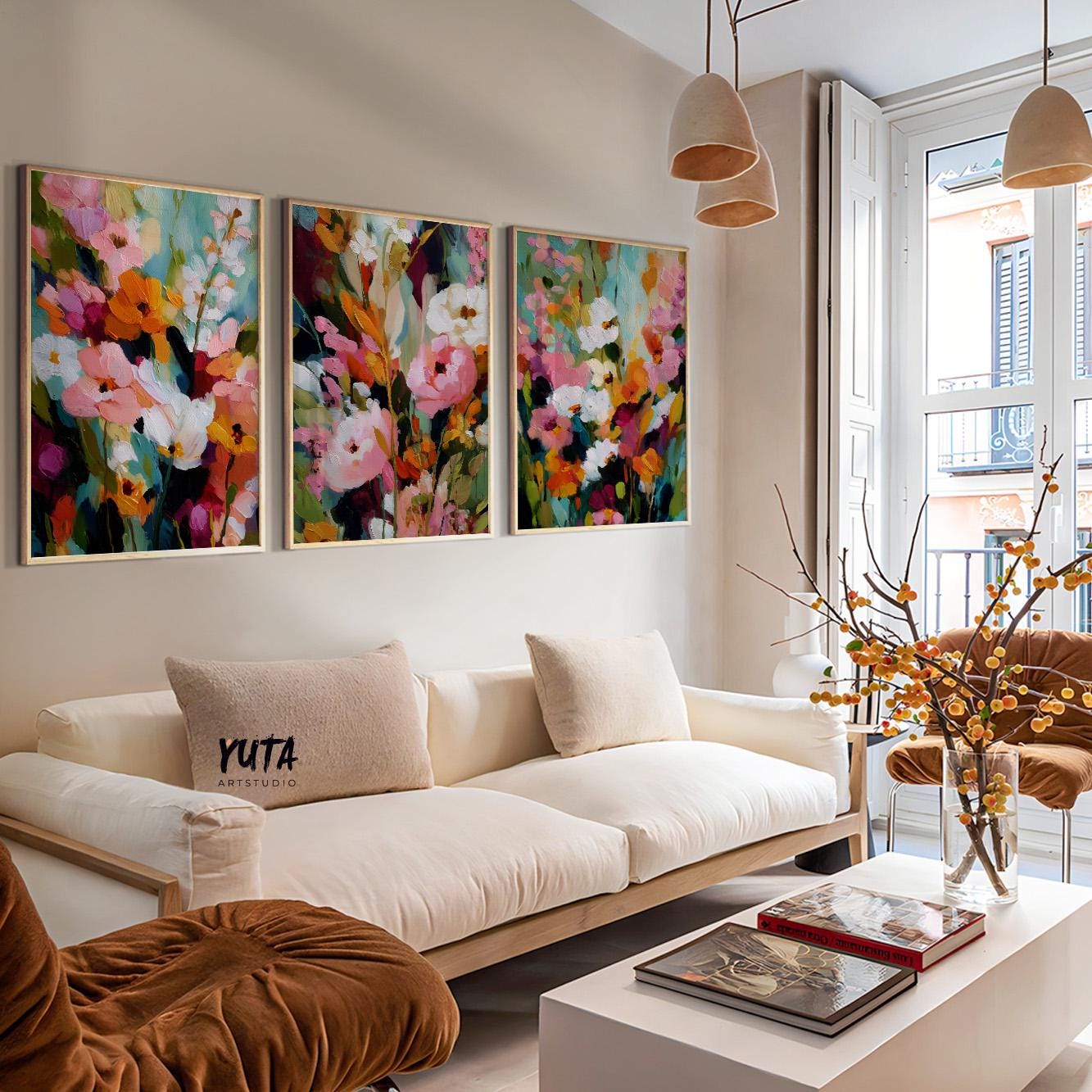 Modern abstract floral triptych with expressive painterly brushstrokes