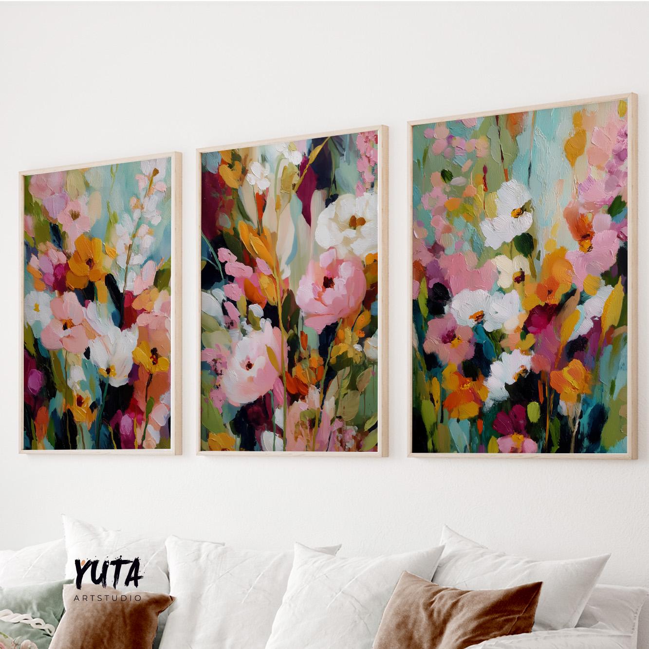 Abstract floral wall art set of three with colorful modern flowers