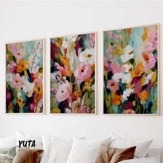 Abstract floral wall art set of three with colorful modern flowers