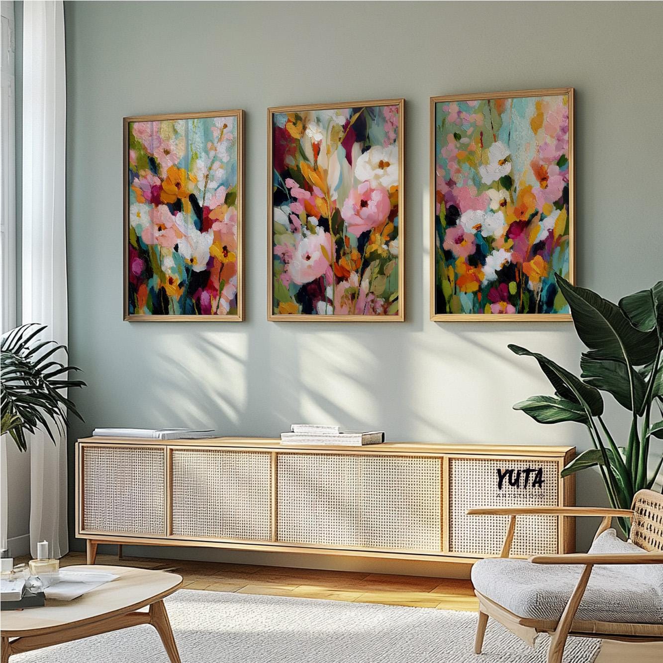 Contemporary floral abstract paintings with organic shapes