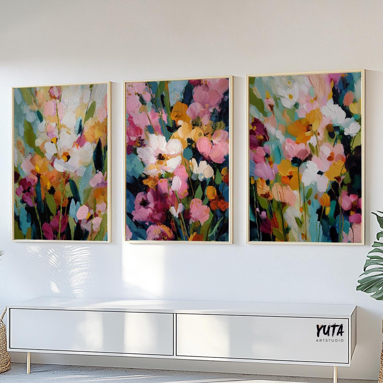 Contemporary floral art print with expressive modern painting technique