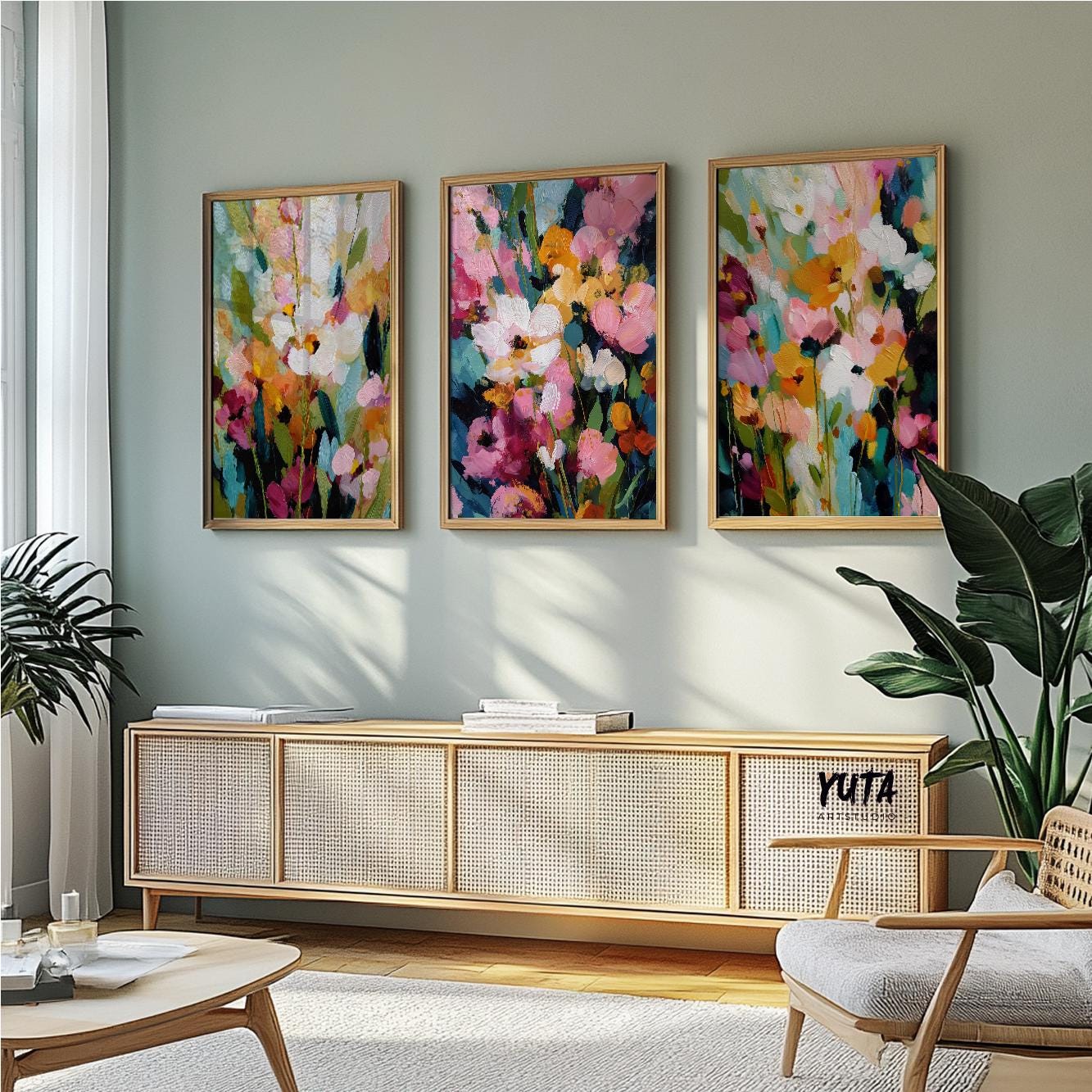 Botanical abstract art with colorful flowers and organic movement