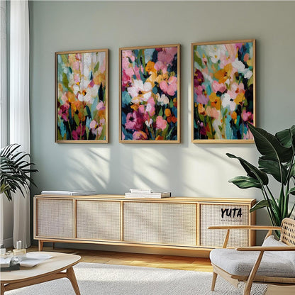 Botanical abstract art with colorful flowers and organic movement