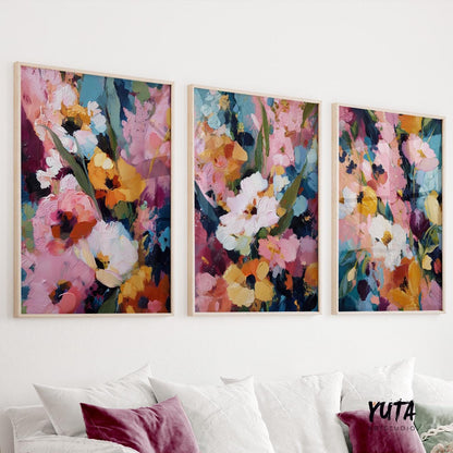 Colorful abstract floral wall art set of three contemporary botanical paintings