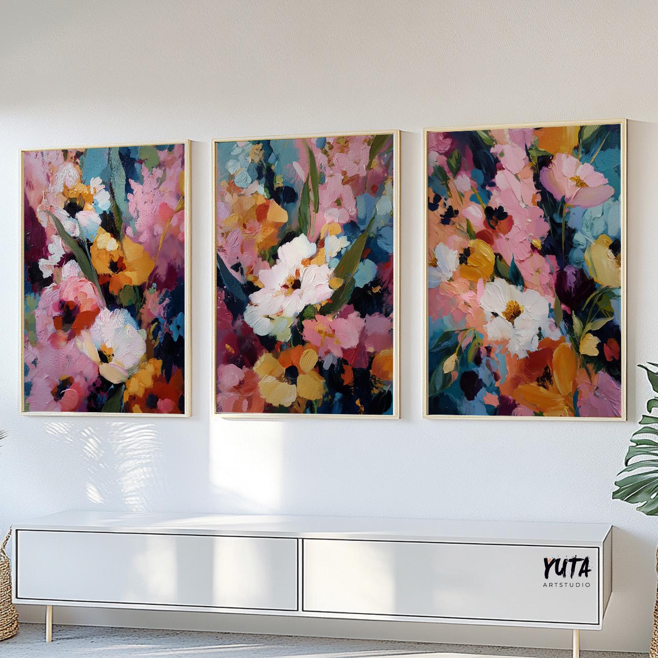Abstract flower painting set of 3 with colorful botanical elements