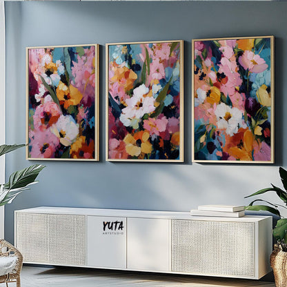 Large abstract floral wall art set with modern painterly flower design