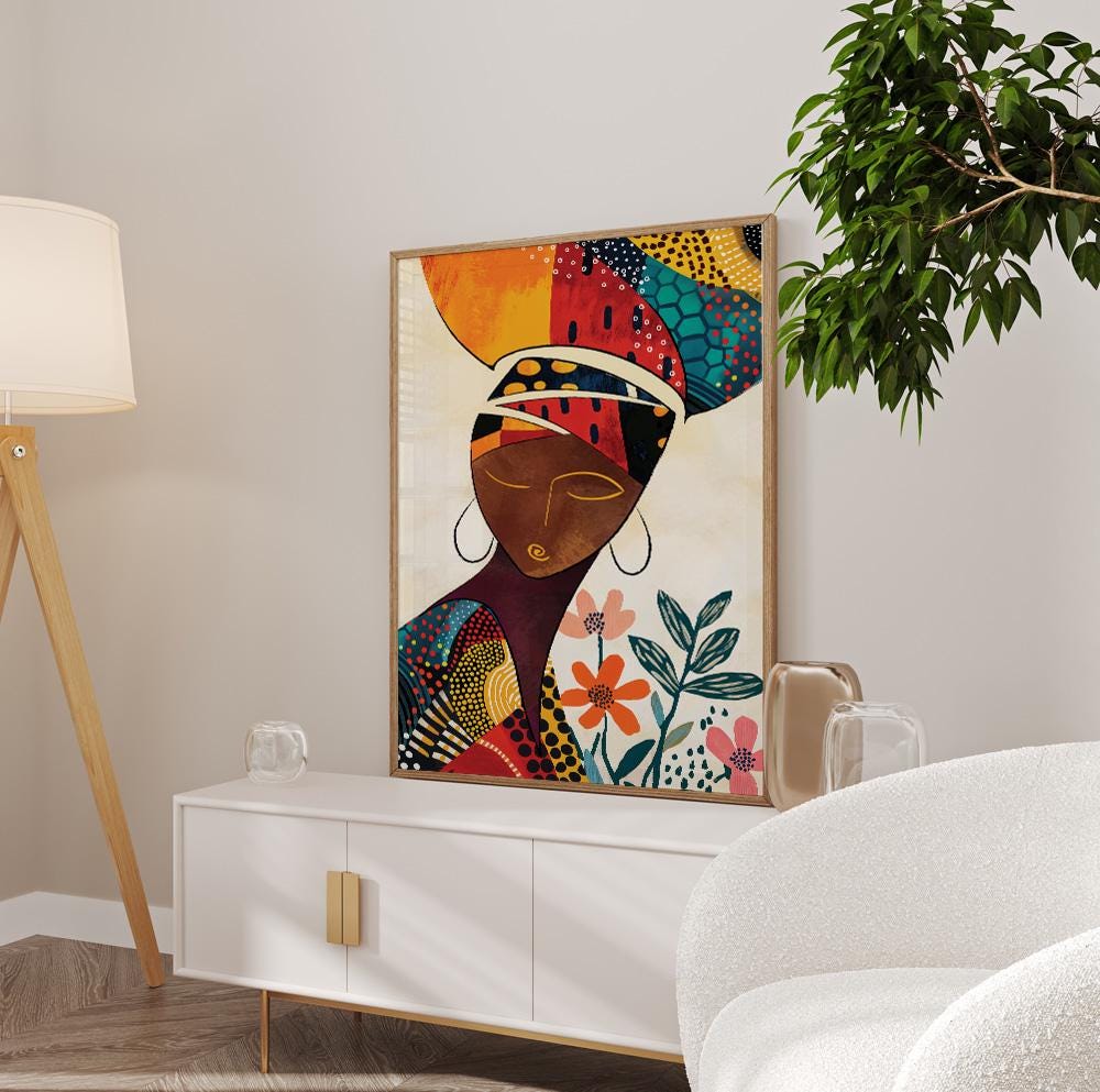 Abstract figurative African wall art with cultural symbolism and geometric elements