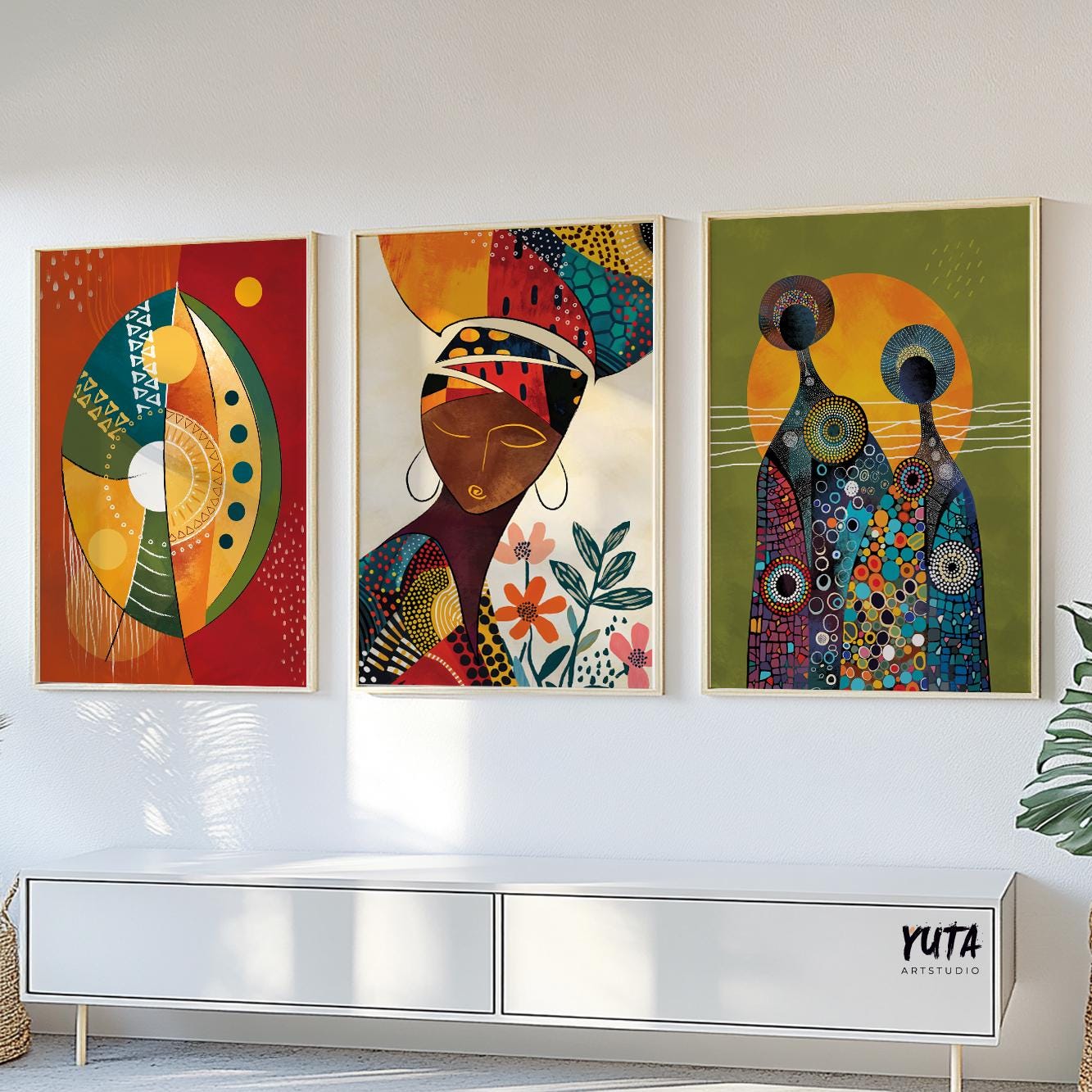 Abstract African wall art featuring stylized women and symbolic shapes