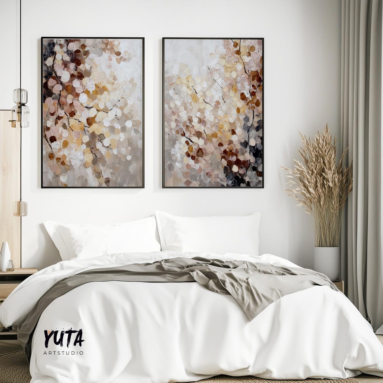 Abstract floral paintings in soft earth tones, framed as a two-piece set above a bed