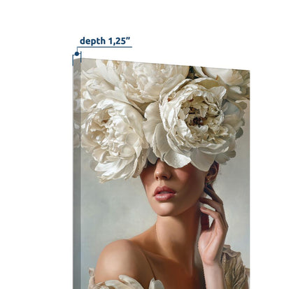 Modern Floral Portrait Wall Art Print, Woman with White Peonies, Neutral Feminine Artwork, Luxury Botanical Wall Decor, Fine Art Print