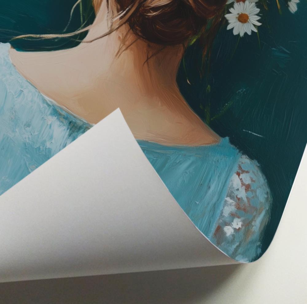 Vintage Woman With Daisies Print, Navy Blue Floral Female Portrait, Abstract People Figurative Art, Girl RoomDecor, Floral Eclectic Print