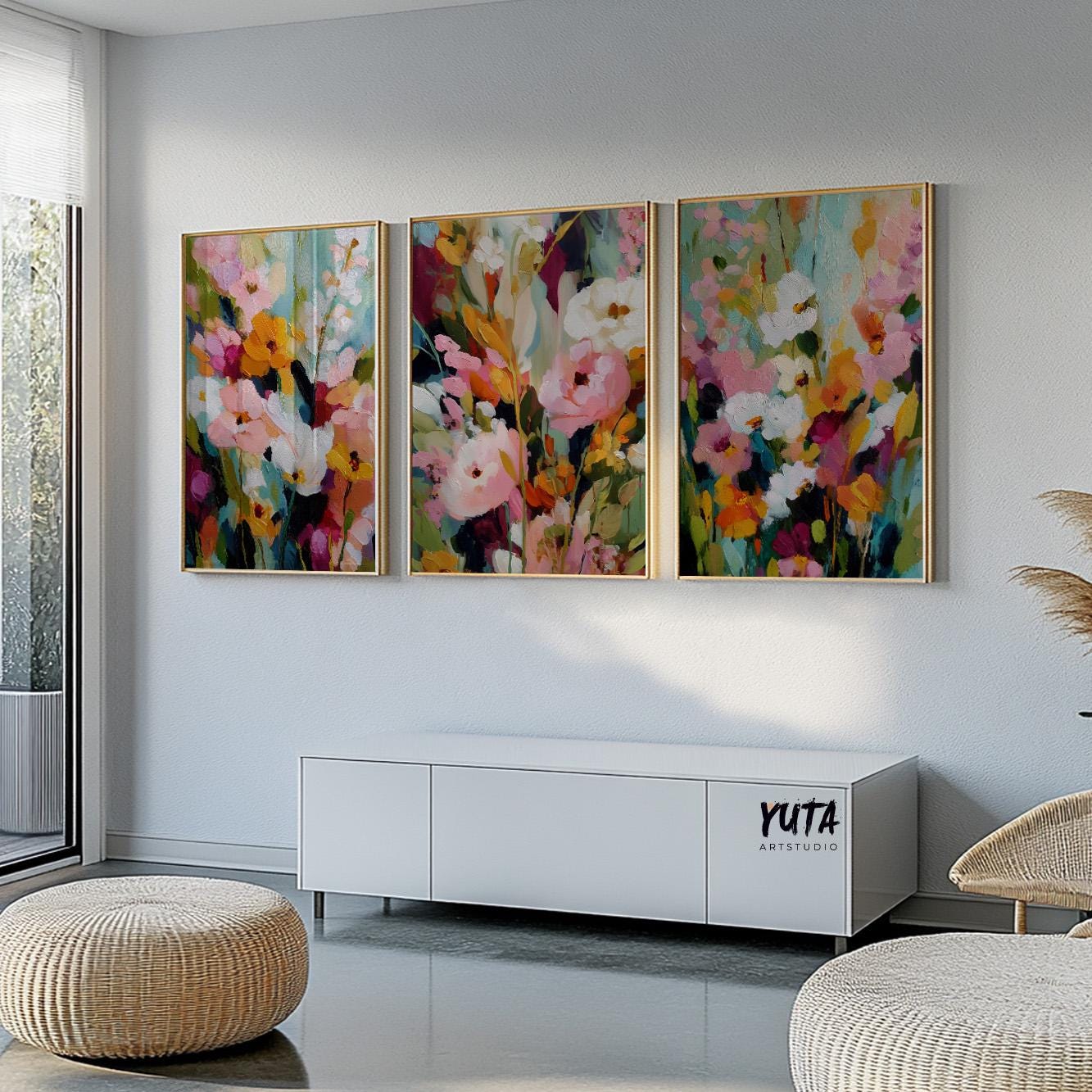 Modern botanical abstract art prints with layered texture