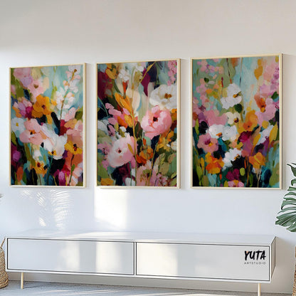 Abstract botanical floral artwork with soft pastel and bold tones