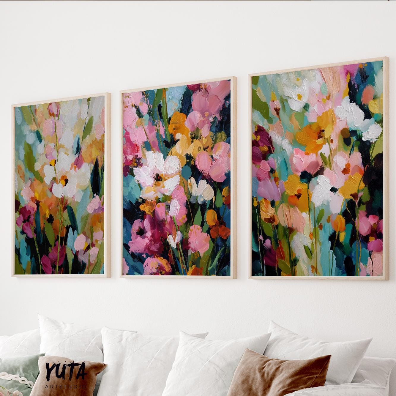 Abstract floral wall art with colorful expressive flowers and bold brushstrokes