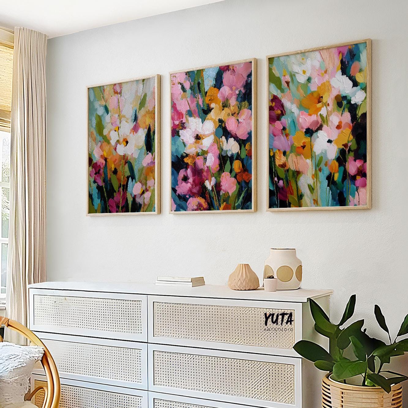 Colorful abstract floral art set featuring dynamic modern flower composition