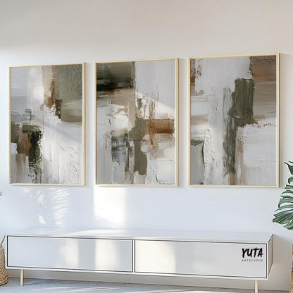 Neutral textured abstract print with olive accents