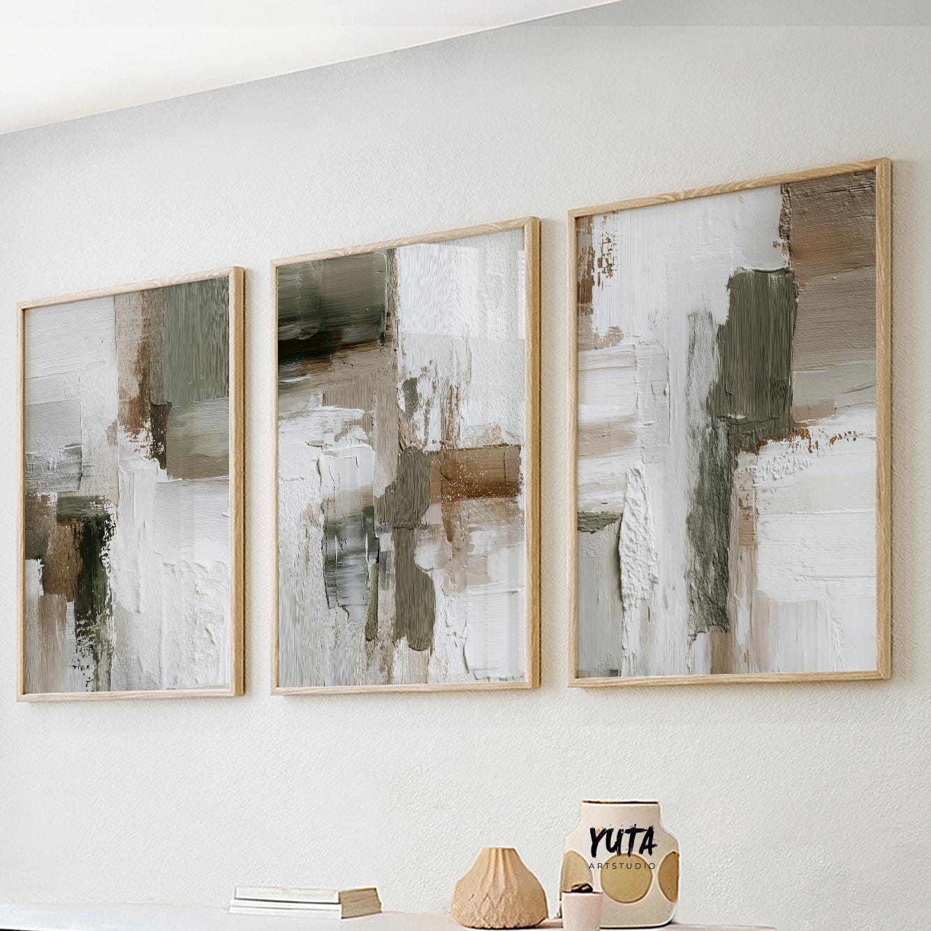 Neutral abstract wall art with olive and taupe colors