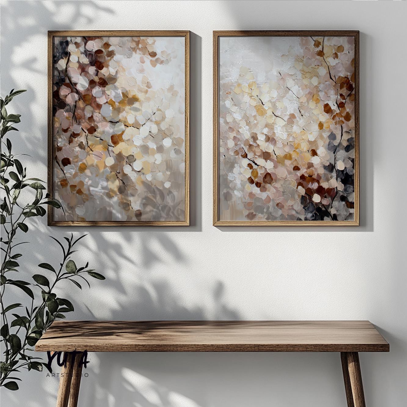 Pair of framed abstract floral paintings with textured brushstrokes in soft daylight