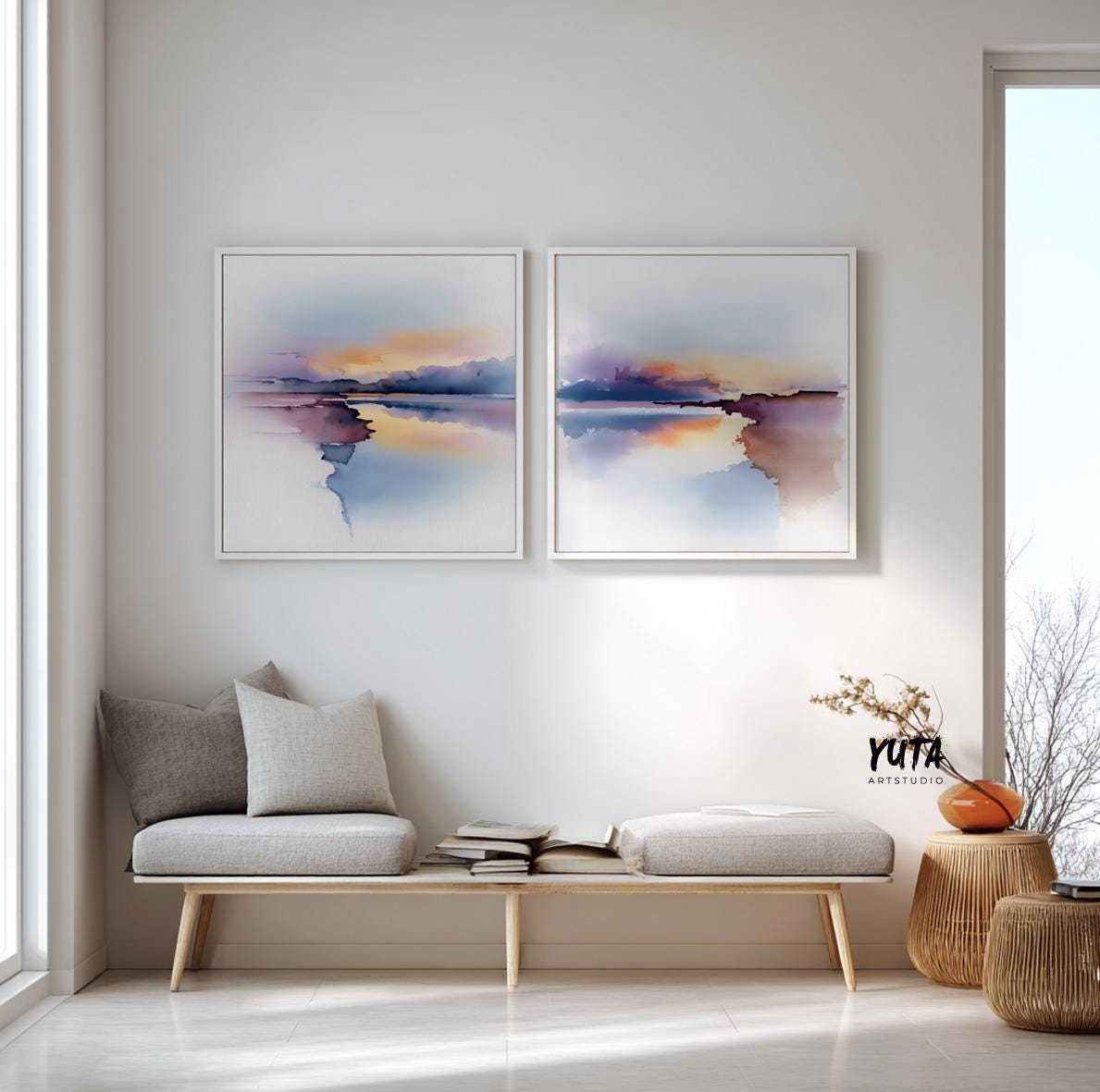 Watercolor abstract landscape with serene mood and balanced composition