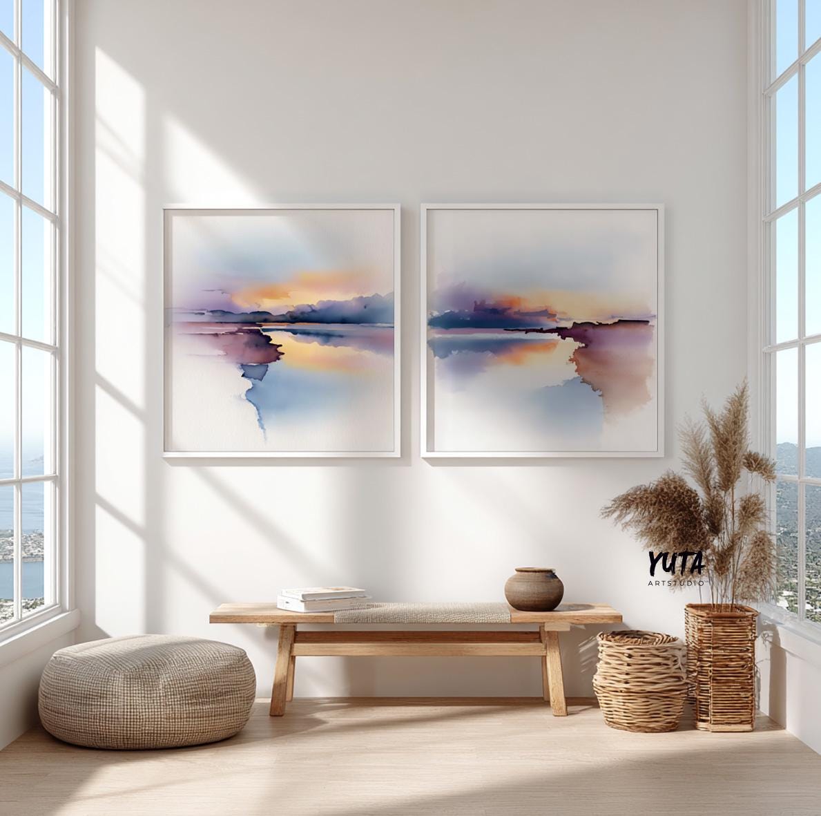 Minimalist abstract artwork featuring reflective water and distant horizon