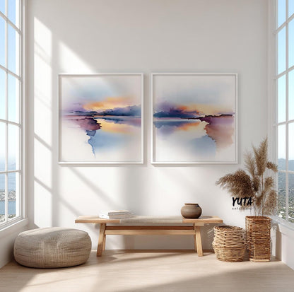 Minimalist abstract artwork featuring reflective water and distant horizon