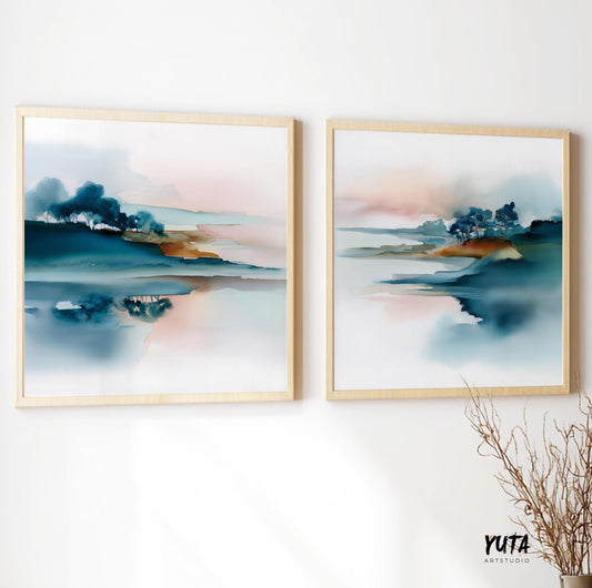 Abstract watercolor landscape painting with trees and soft water reflections