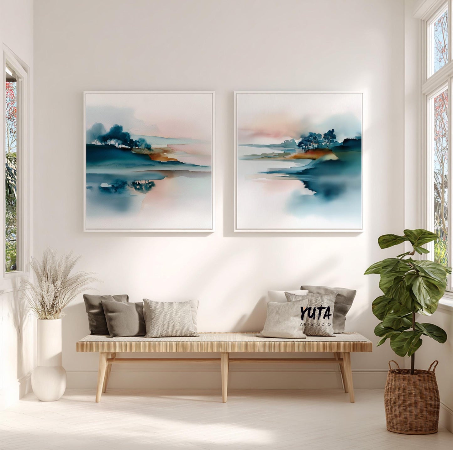 Watercolor abstract art with distant trees and reflective water surface