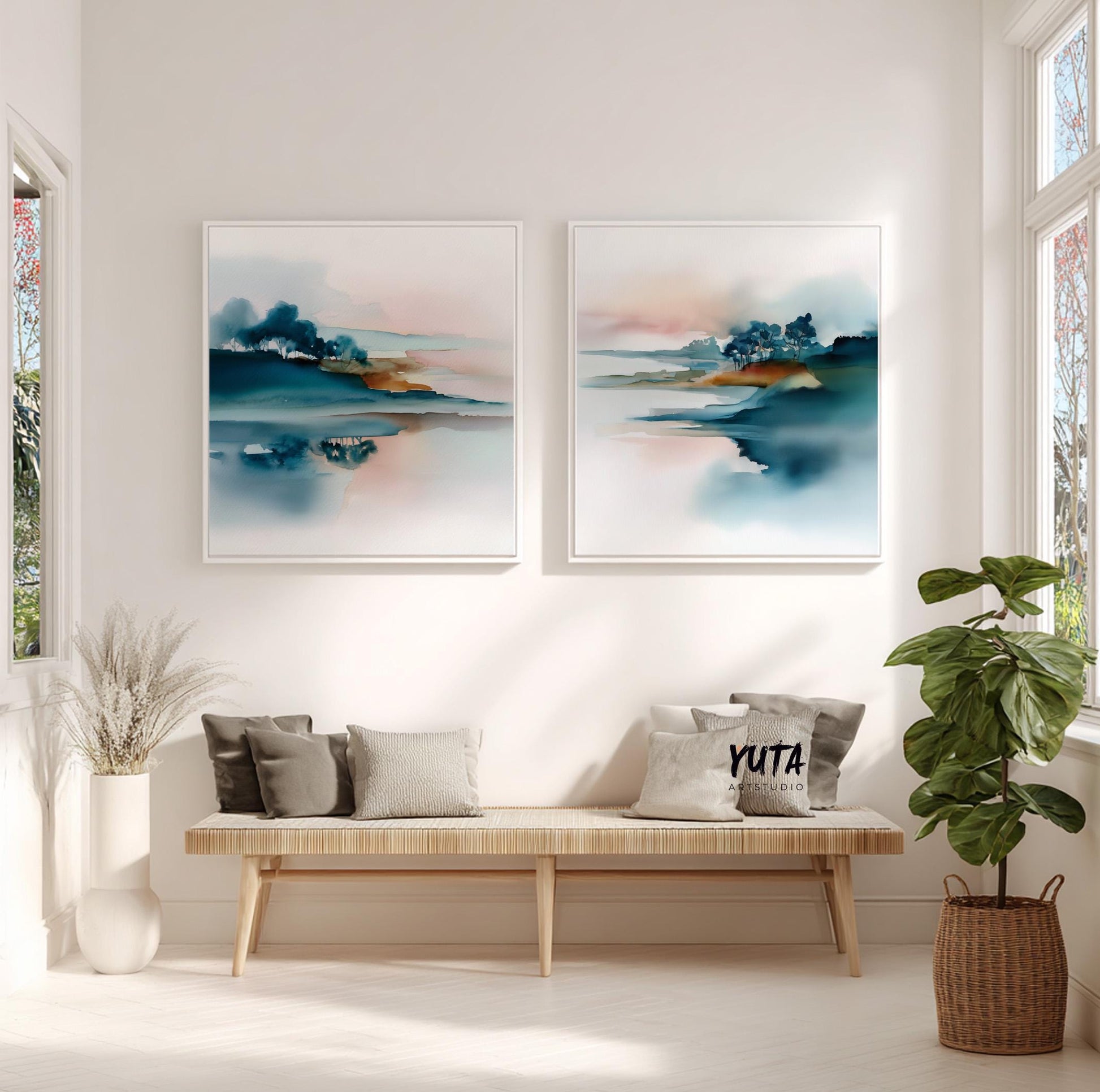 Watercolor abstract art with distant trees and reflective water surface