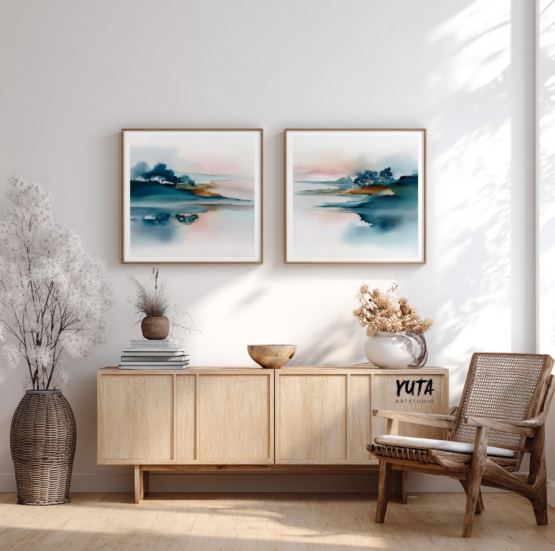 Modern abstract landscape artwork featuring blue tones and organic shapes