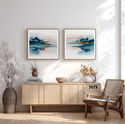 Modern abstract landscape artwork featuring blue tones and organic shapes