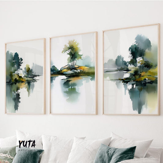 Abstract watercolor landscape painting with trees and soft water reflections