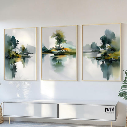 Modern abstract landscape with blue, teal, and warm earthy accents