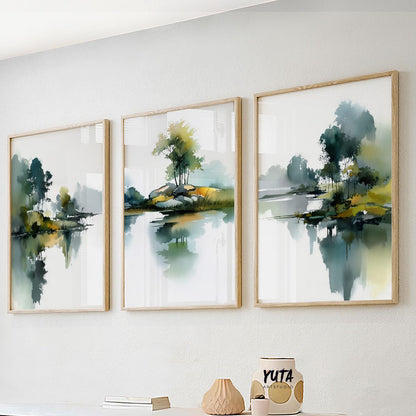 Watercolor abstract art with distant trees and reflective water surface
