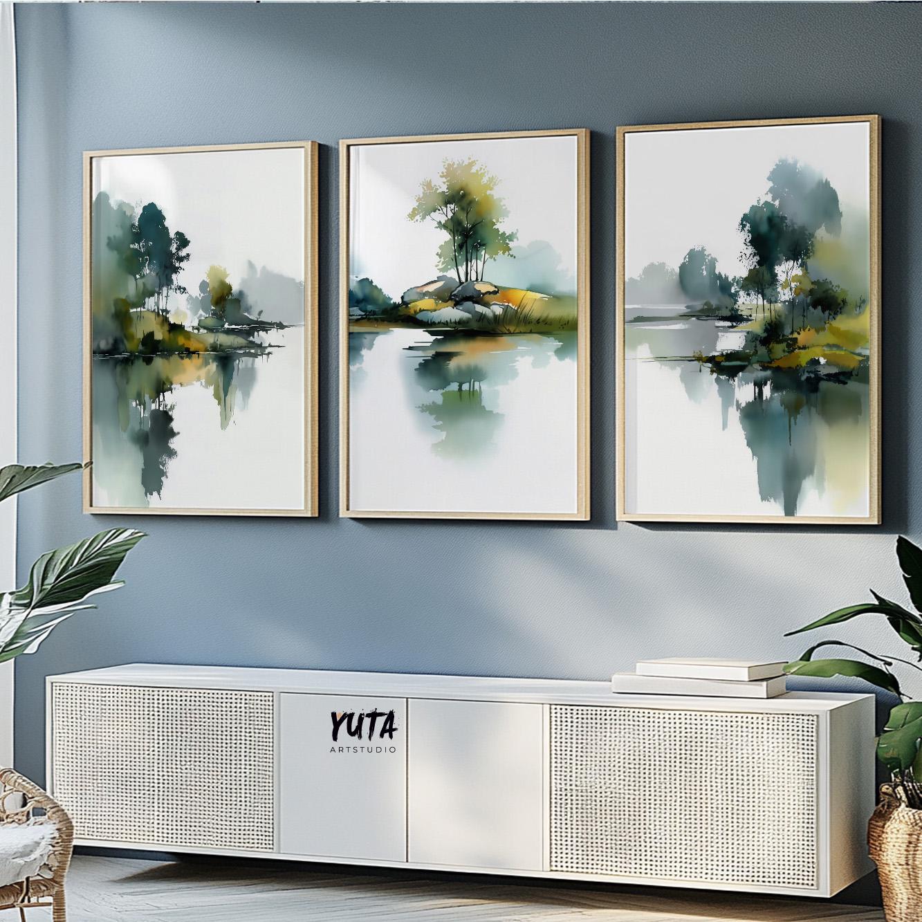 Abstract nature painting with trees, water, and soft atmospheric depth