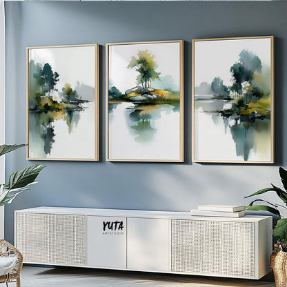 Abstract nature painting with trees, water, and soft atmospheric depth