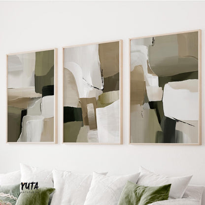 Neutral abstract painting with beige, olive green, and cream color blocks