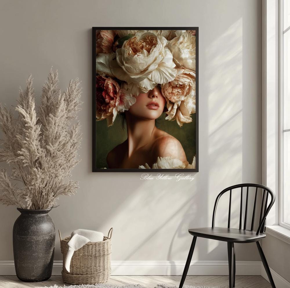 Feminine portrait art with soft petals and warm natural tones