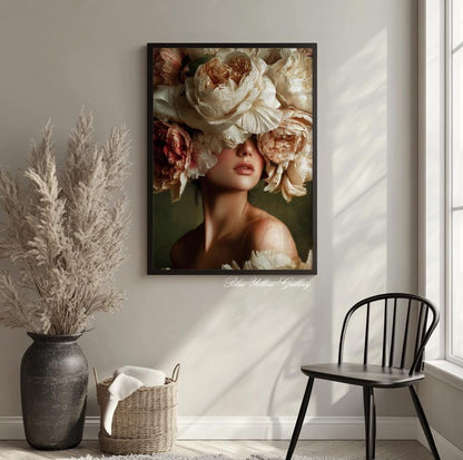 Feminine portrait art with soft petals and warm natural tones